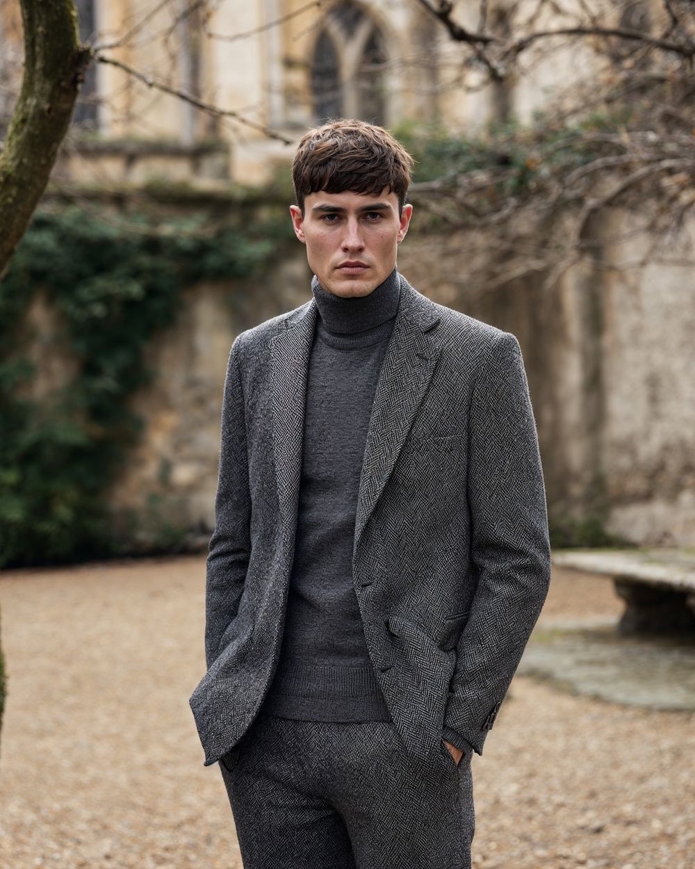 Gray Tweed Suit with Charcoal Turtleneck