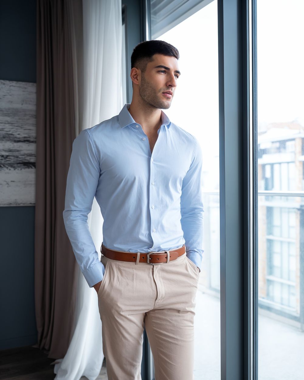 Light Blue Shirt with Beige Trousers