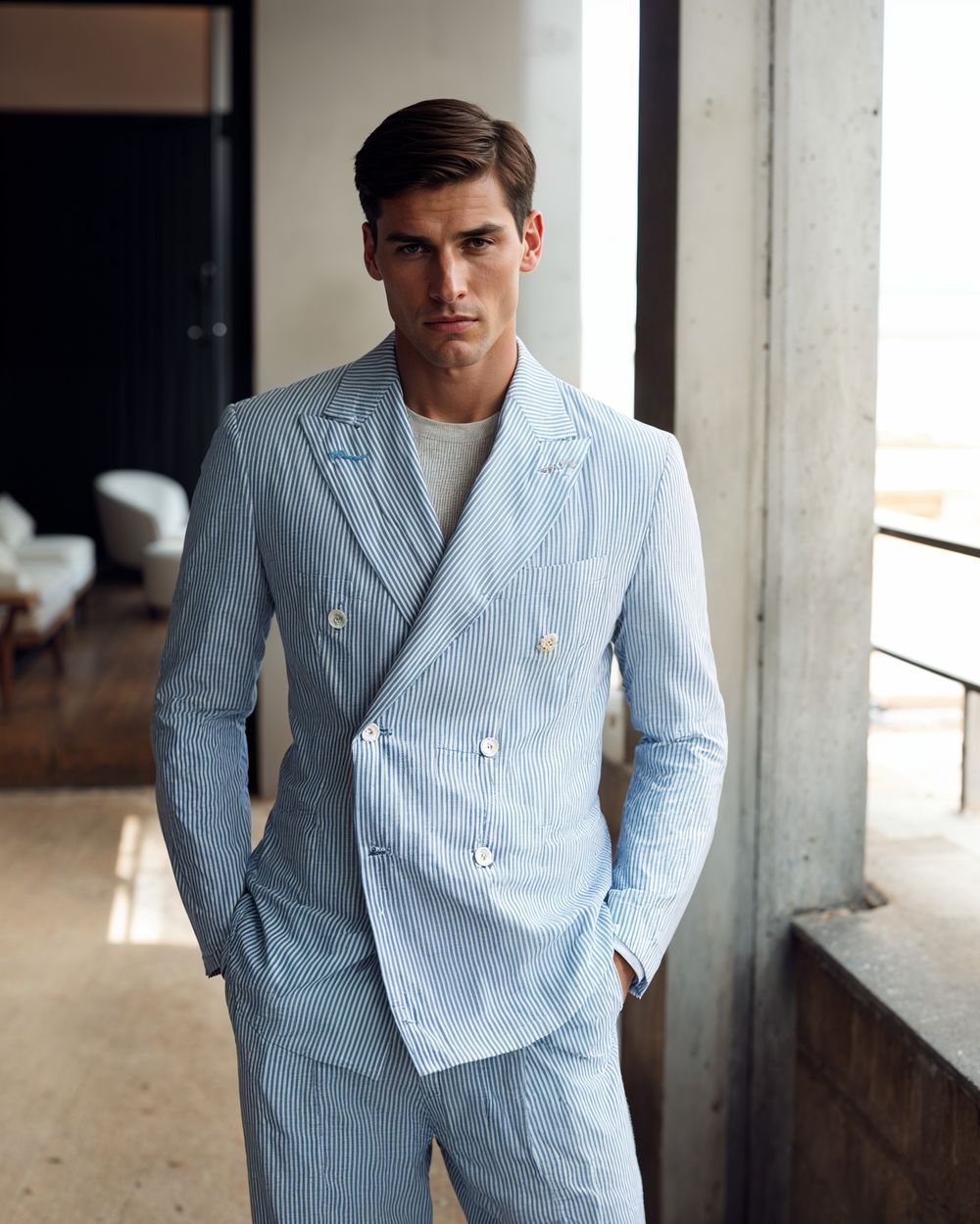Striped Double-Breasted Suit with T-shirt
