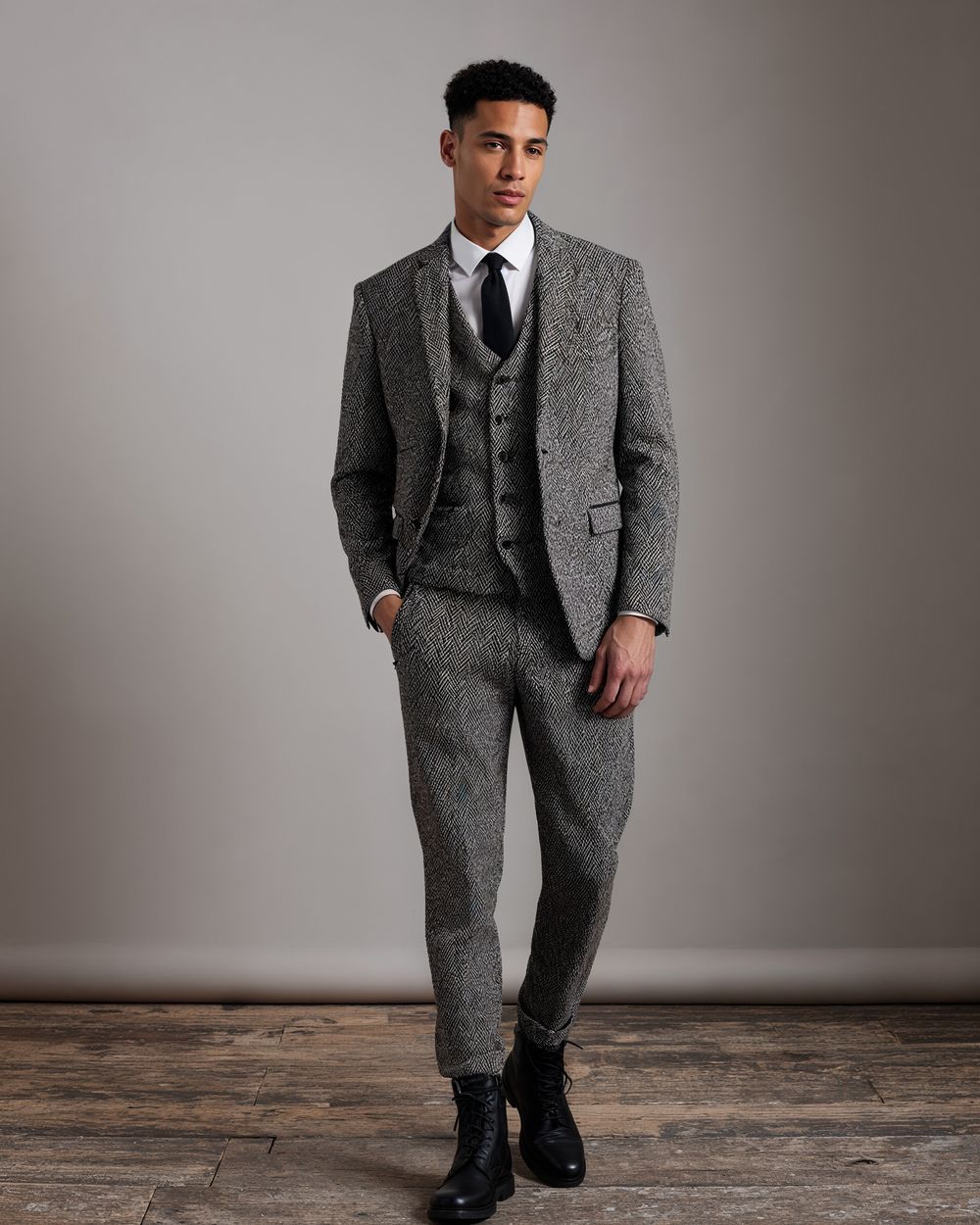 Gray Tweed Three-Piece Suit with White Dress Shirt