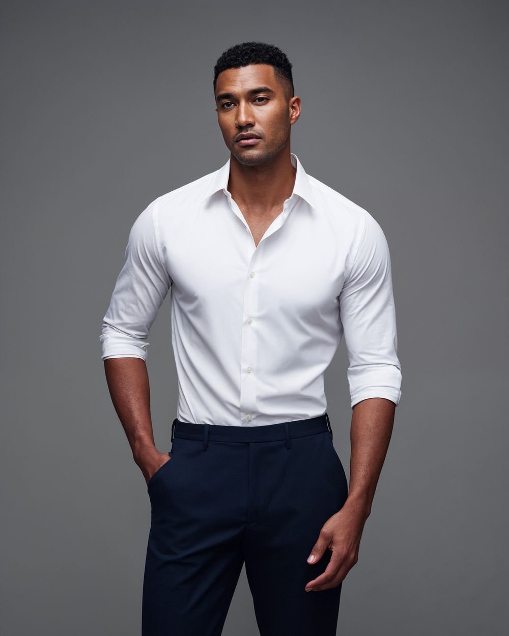 White Shirt with Navy Trousers