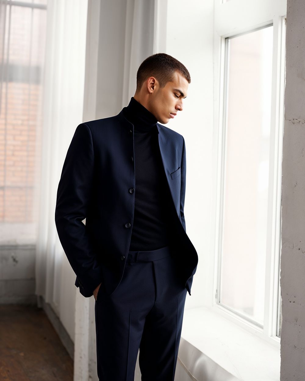 Navy Nehru Suit with Black Turtleneck