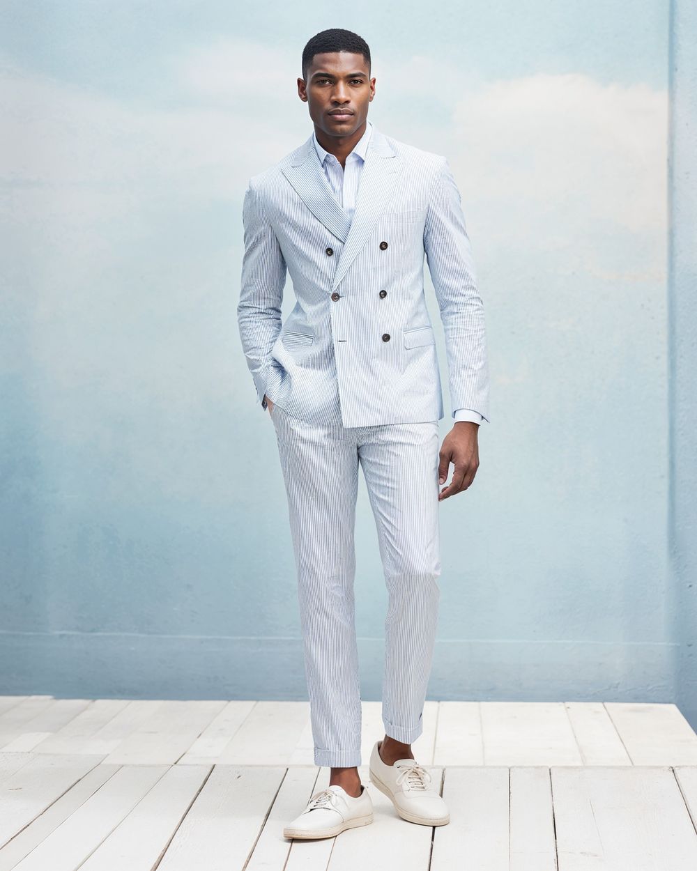 white sneakers on blazer