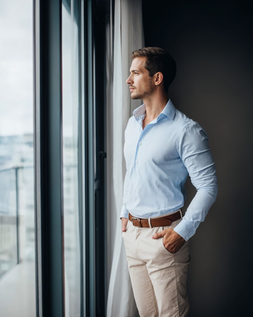 Light Blue Shirt with Beige Trousers