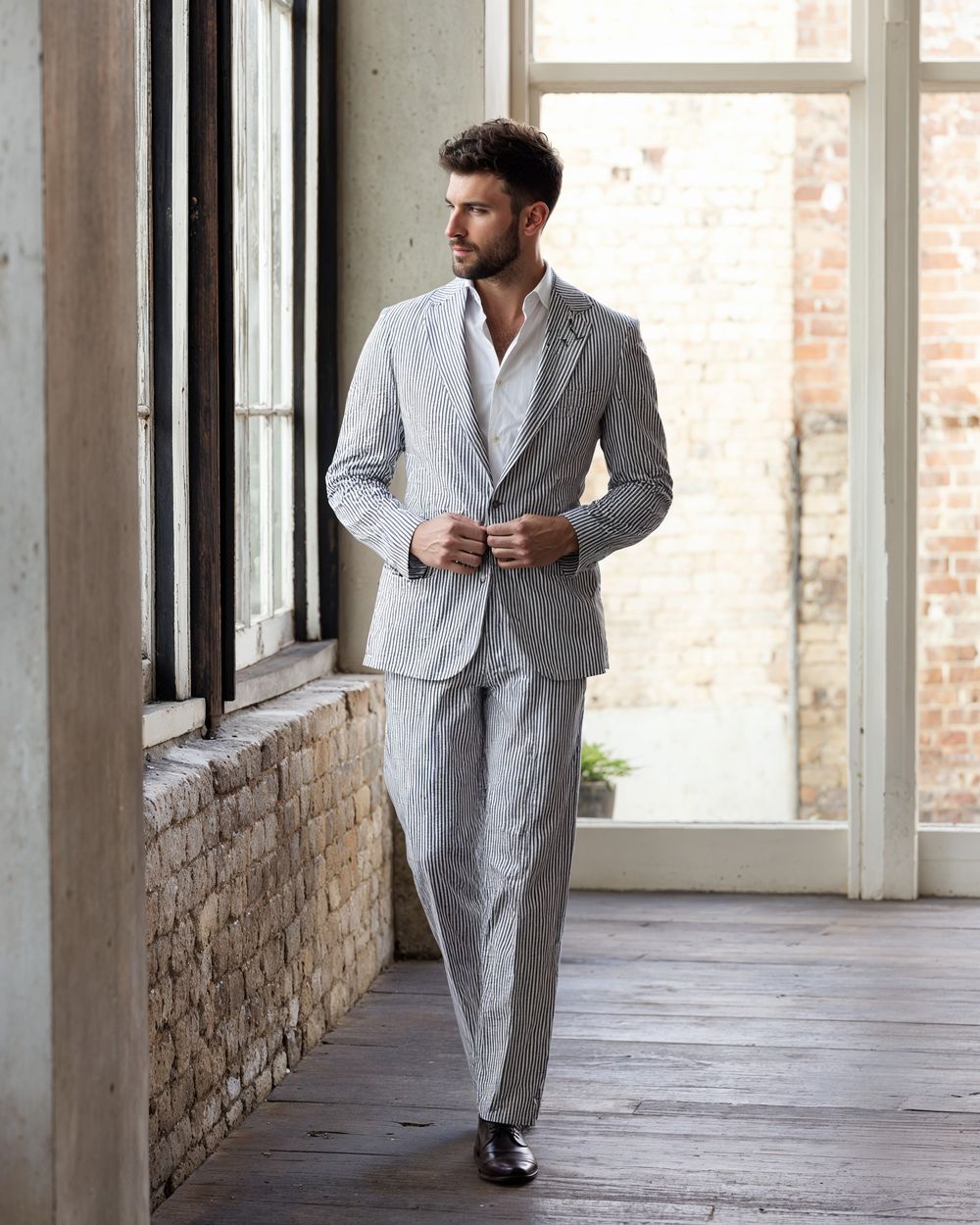 Striped Seersucker Suit with White Shirt
