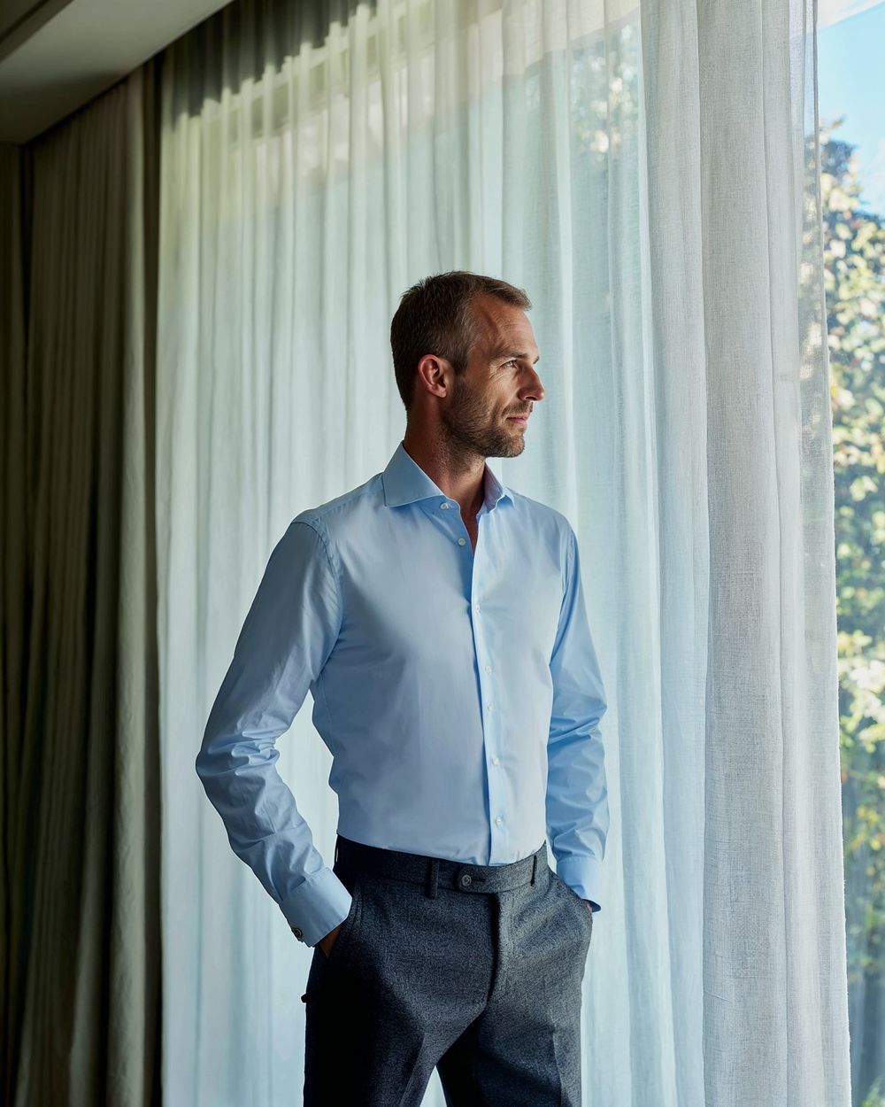 Light Blue Shirt with Dark Gray Trousers