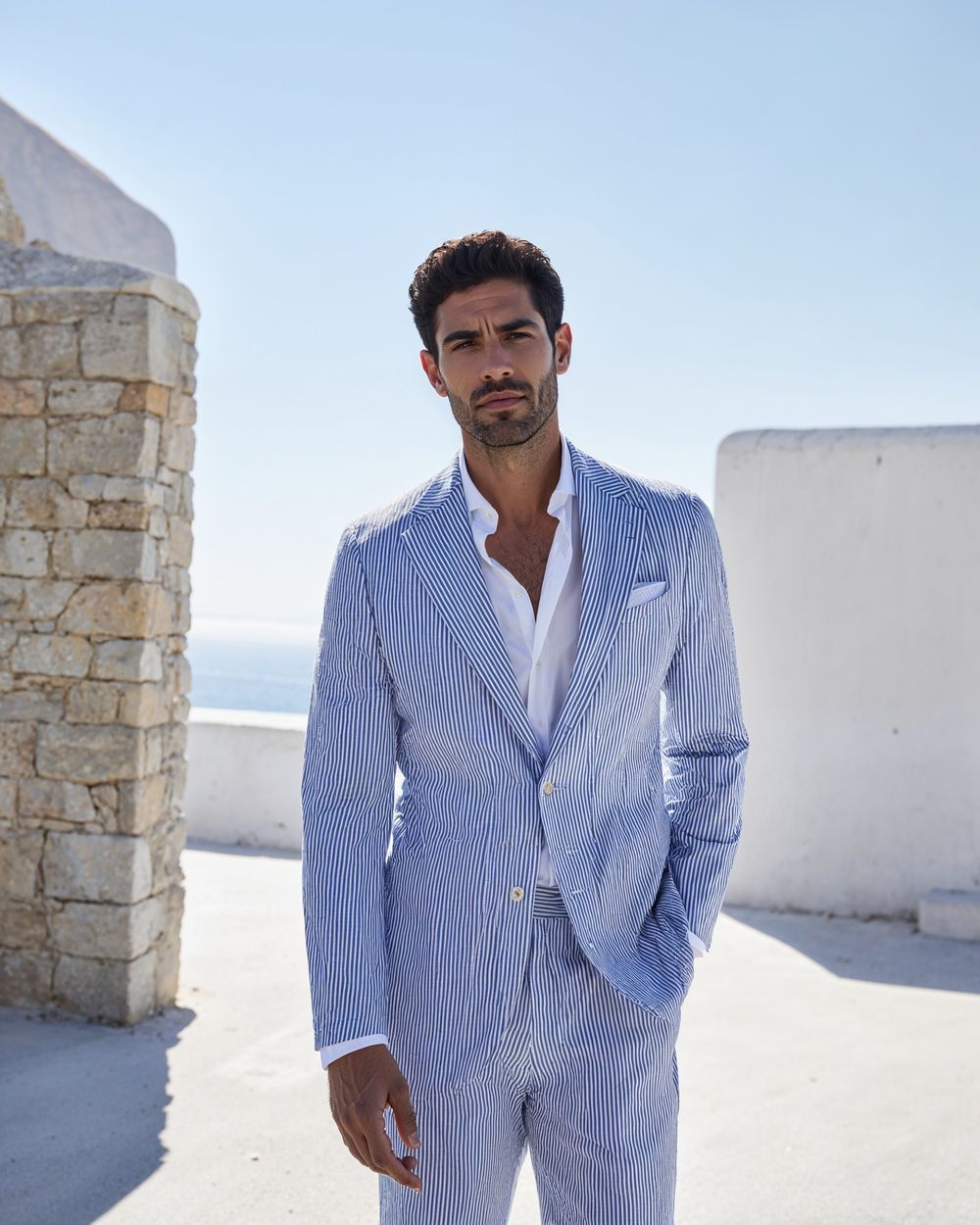 Blue Summer Stripe Suit with White Button-Down Shirt