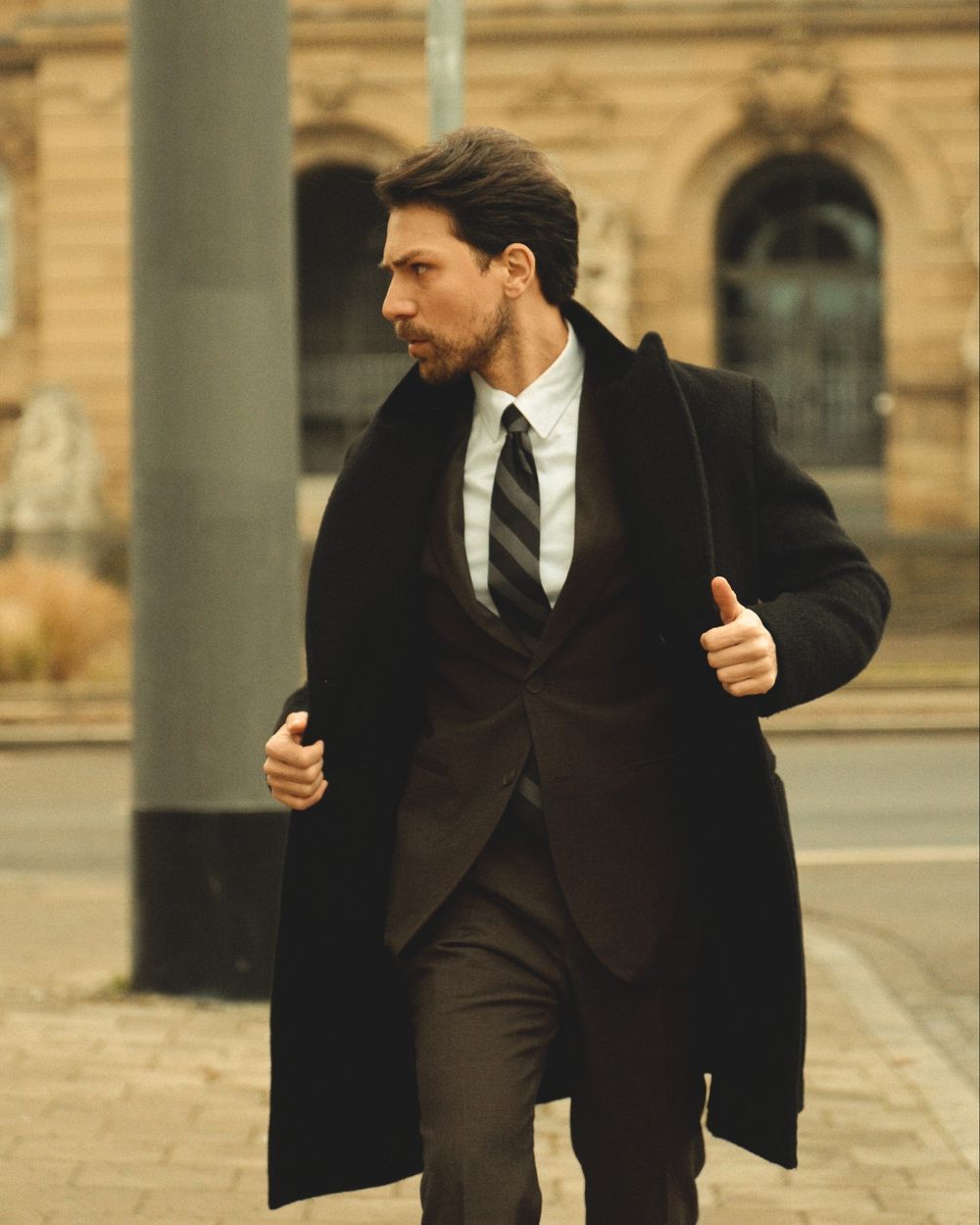 Dark Overcoat with Brown Suit