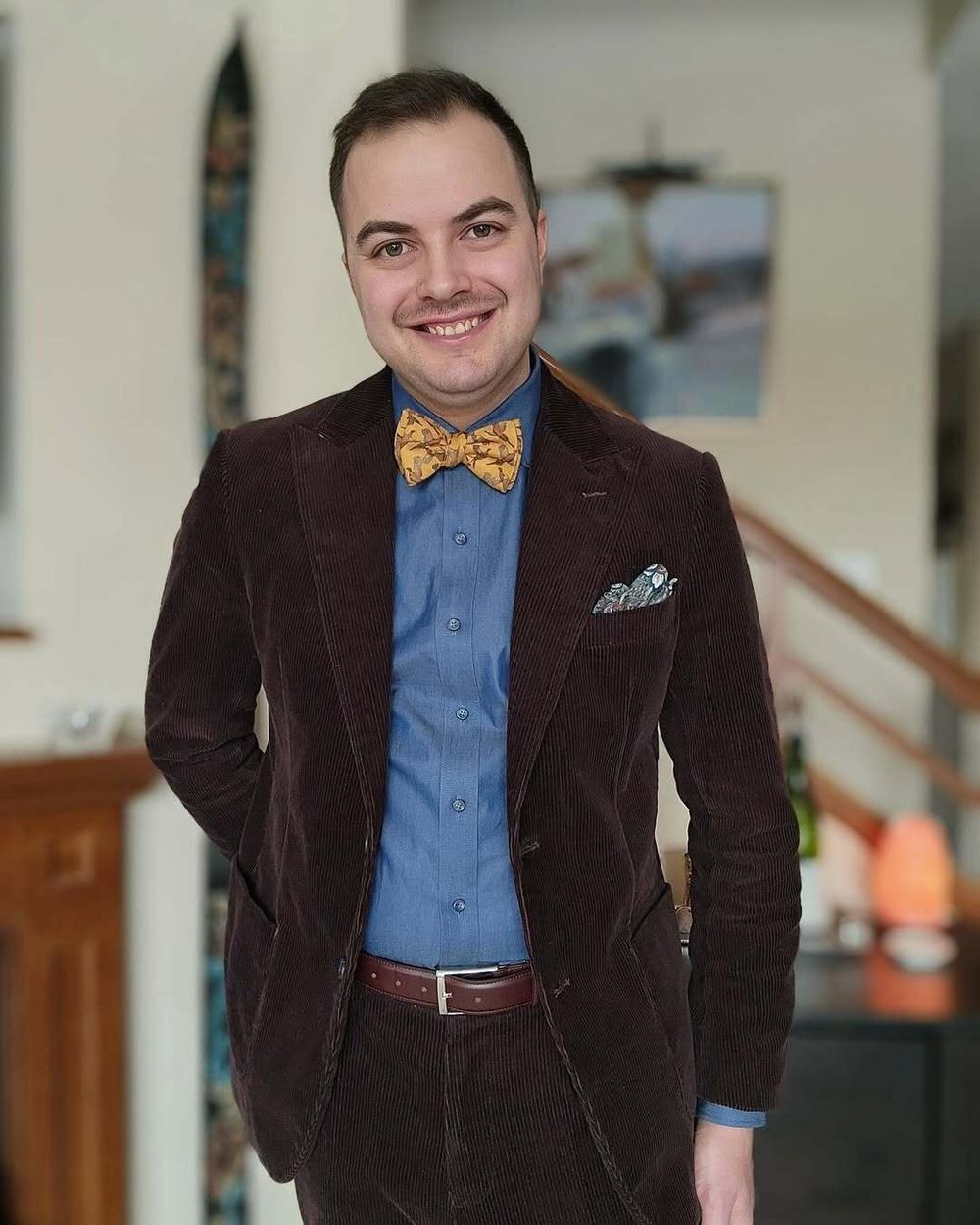 Brown Corduroy Suit with Blue Shirt and Bow Tie