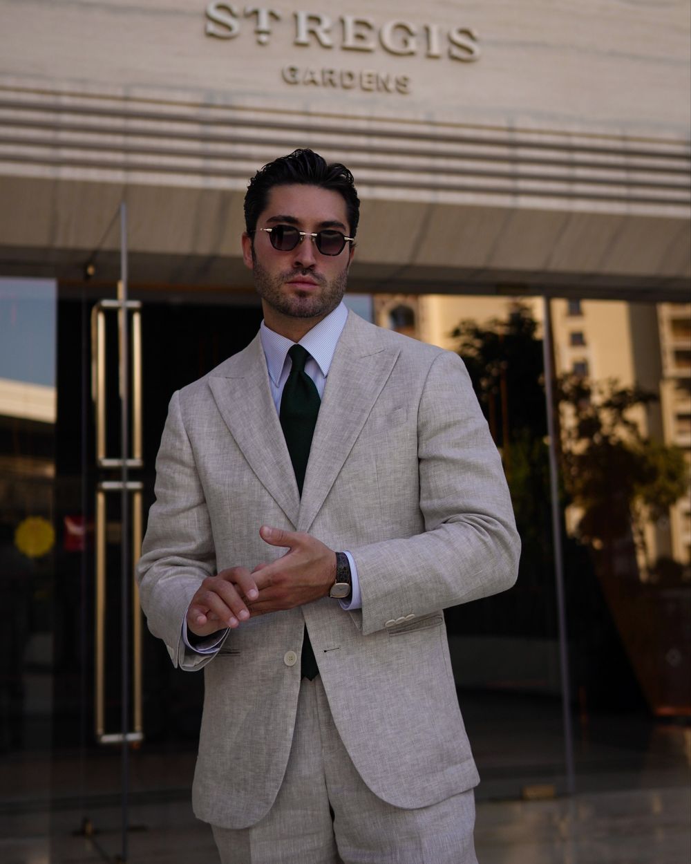 Light Gray Linen Suit with Forest Green Tie