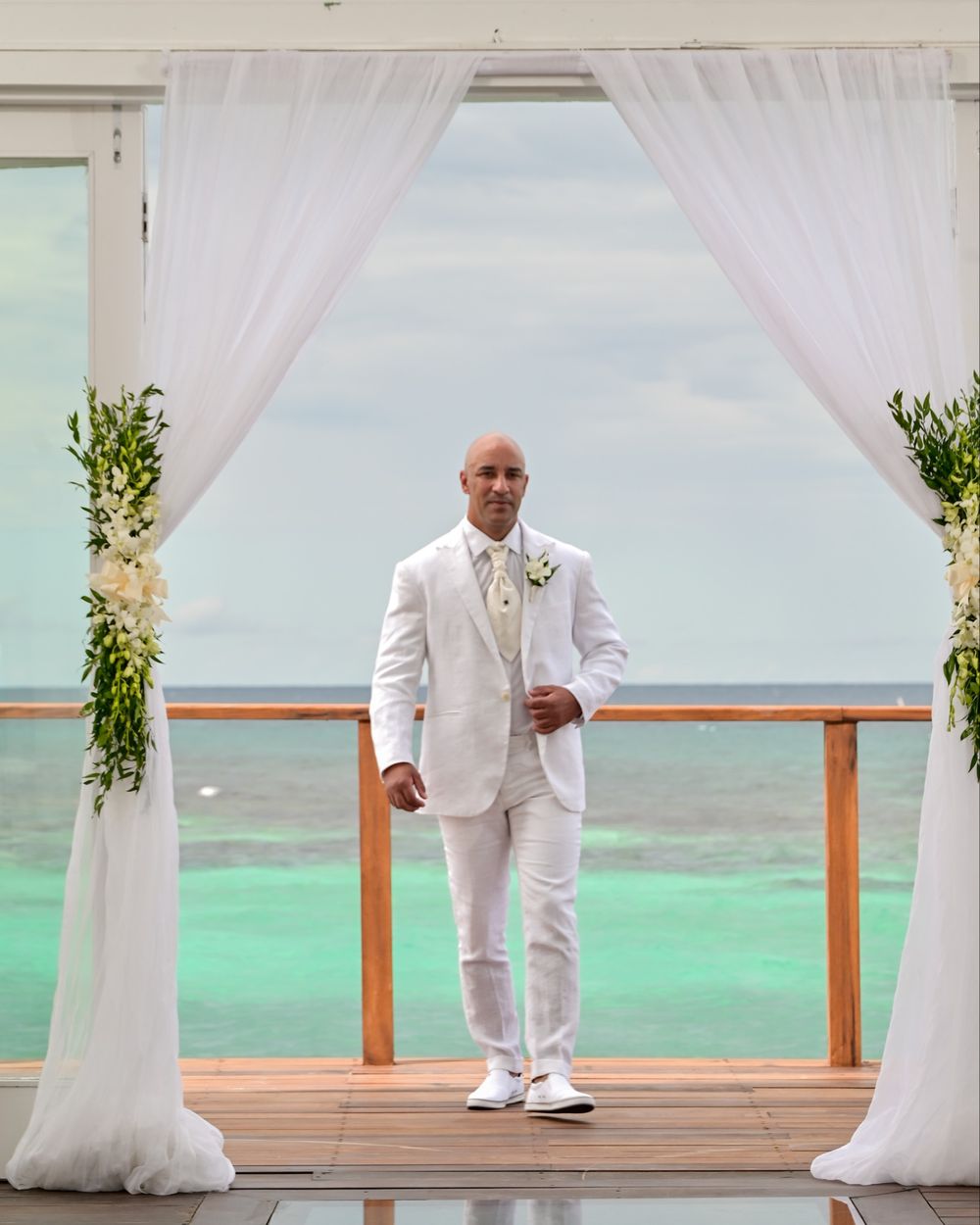 White Linen Wedding Suit with White Shoes