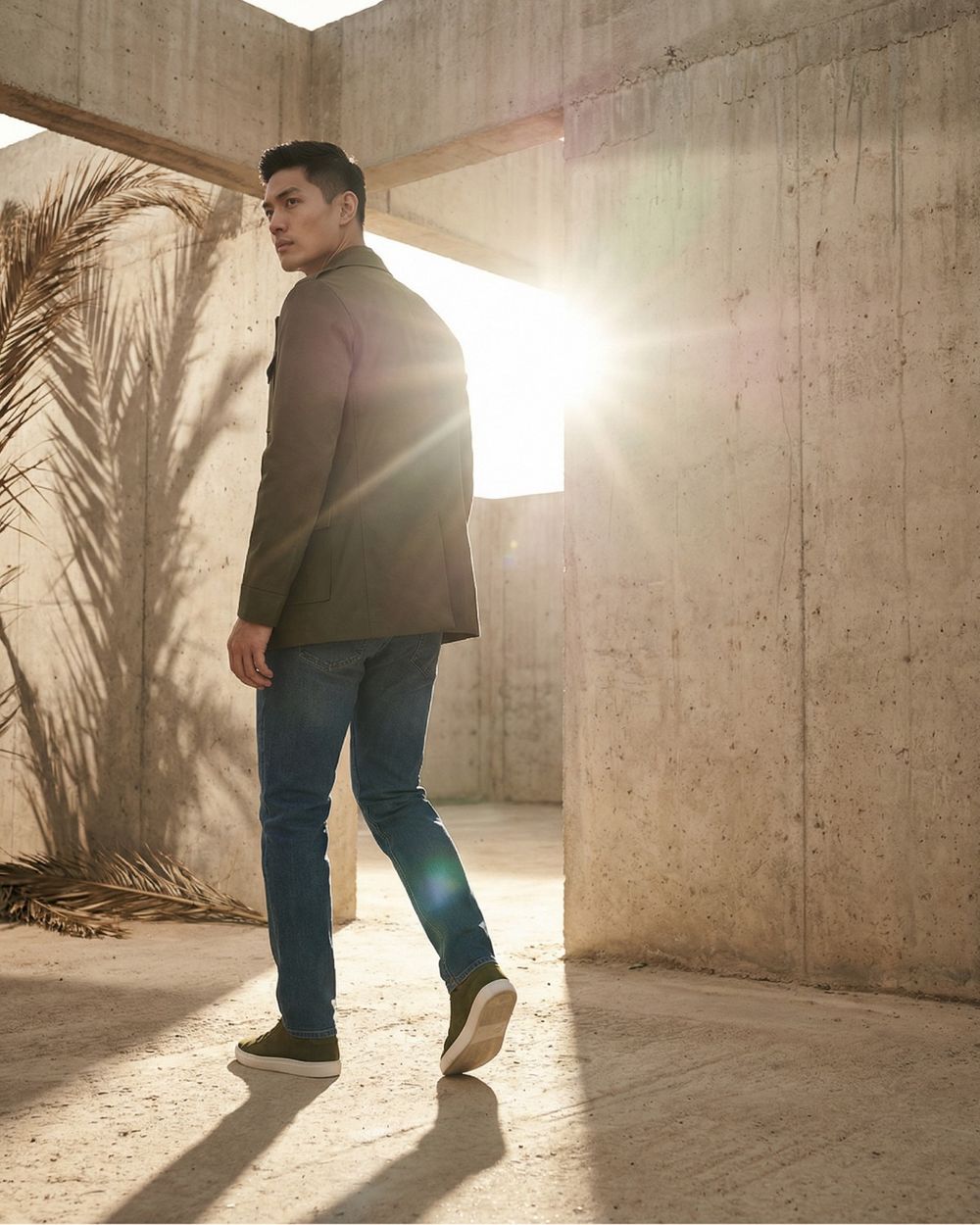 Olive Green Field Jacket with Blue Jeans