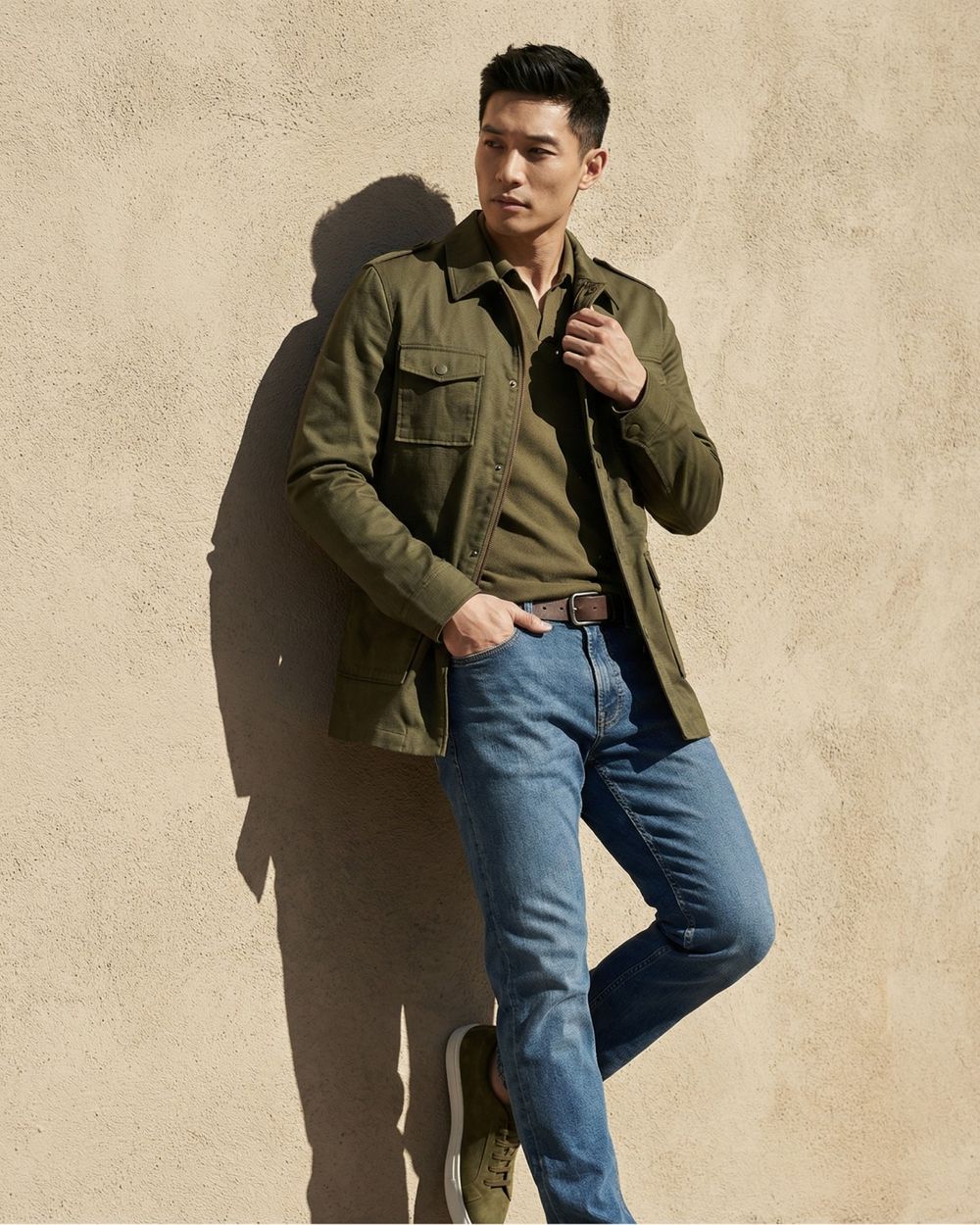 Olive Green Field Jacket with Blue Jeans