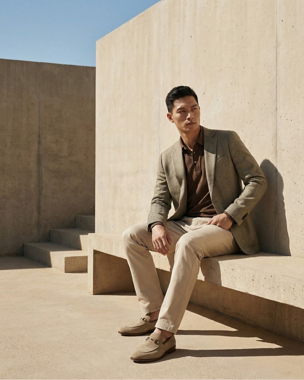 Soft Brown Jacket with Beige Trousers