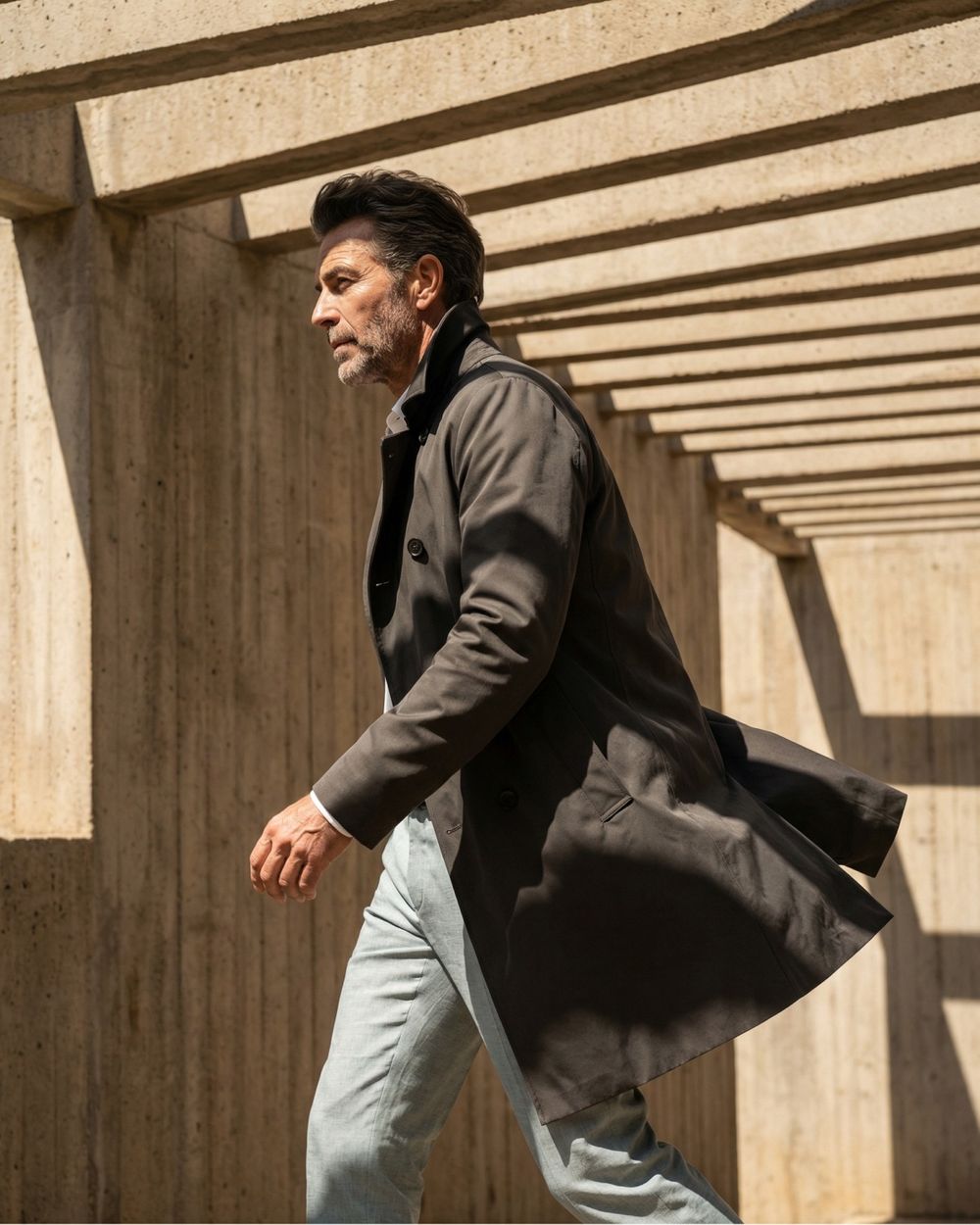 Charcoal Trench Coat with Light Gray Trousers