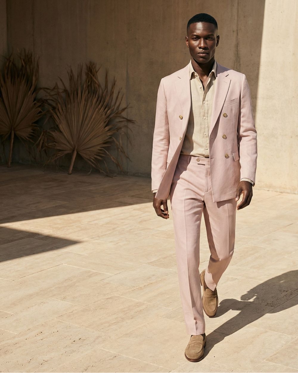 Dusty Pink Double-Breasted Suit with Beige Shirt