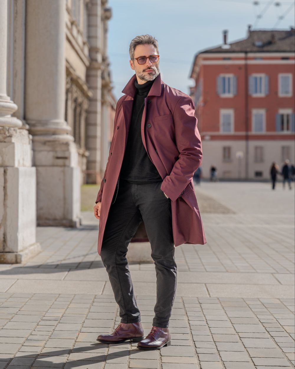 Burgundy Overcoat with Black Turtleneck and Burgundy Boots