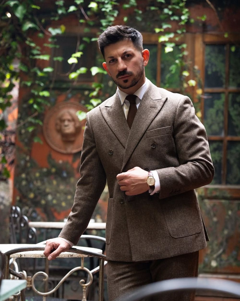 Brown Double-Breasted Suit with Brown Tie