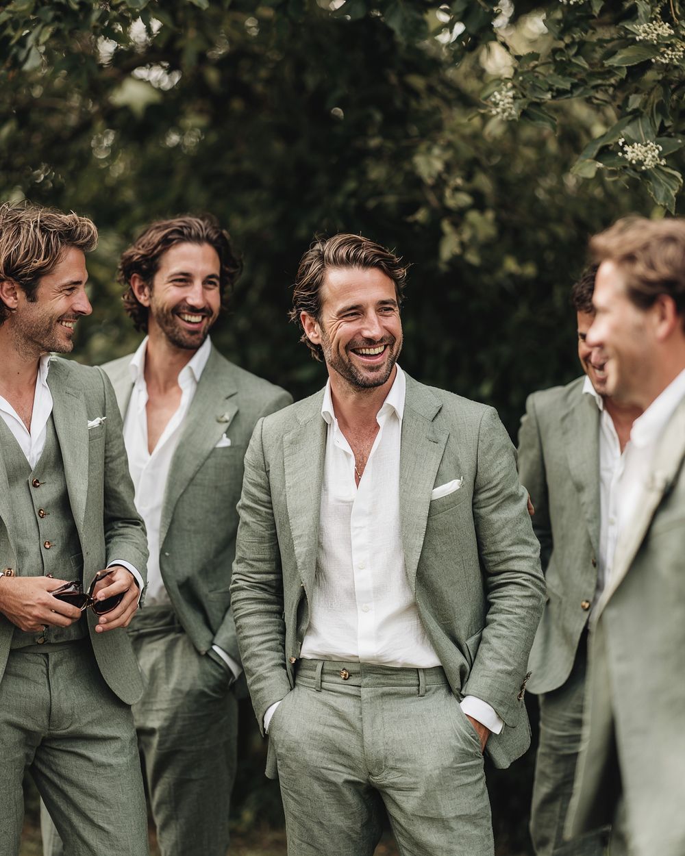 Sage Green Linen Suit with White Open-Collar Shirt
