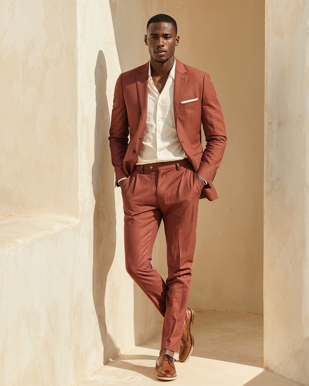 Terracotta Suit with White Open-Collar Shirt