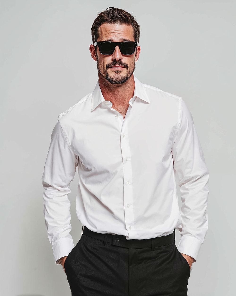 White Shirt with Black Trousers and Sunglasses