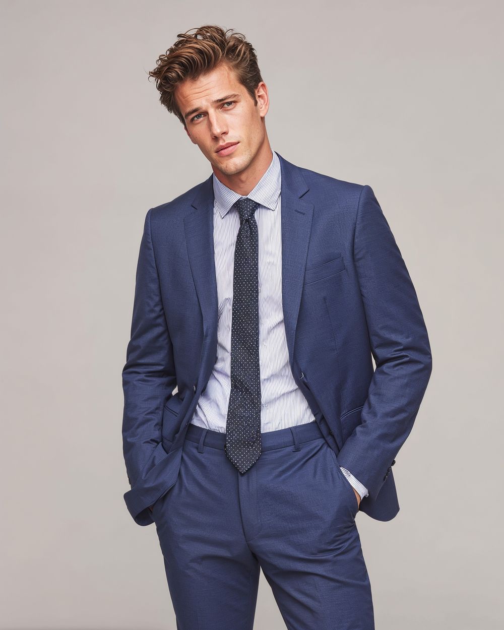 Blue Suit with Light Blue Striped Shirt and Black Tie