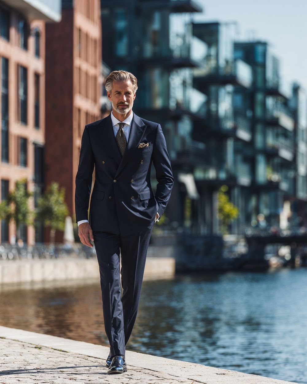 Navy Double-Breasted Suit with White Dress Shirt and Brown Tie