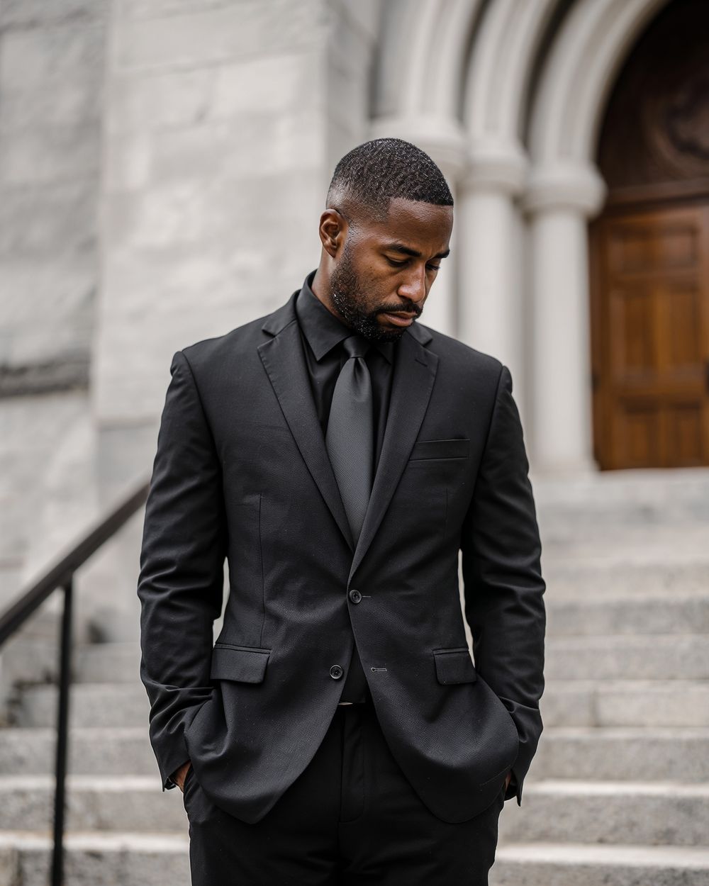 Black Suit with Black Dress Shirt and Black Tie