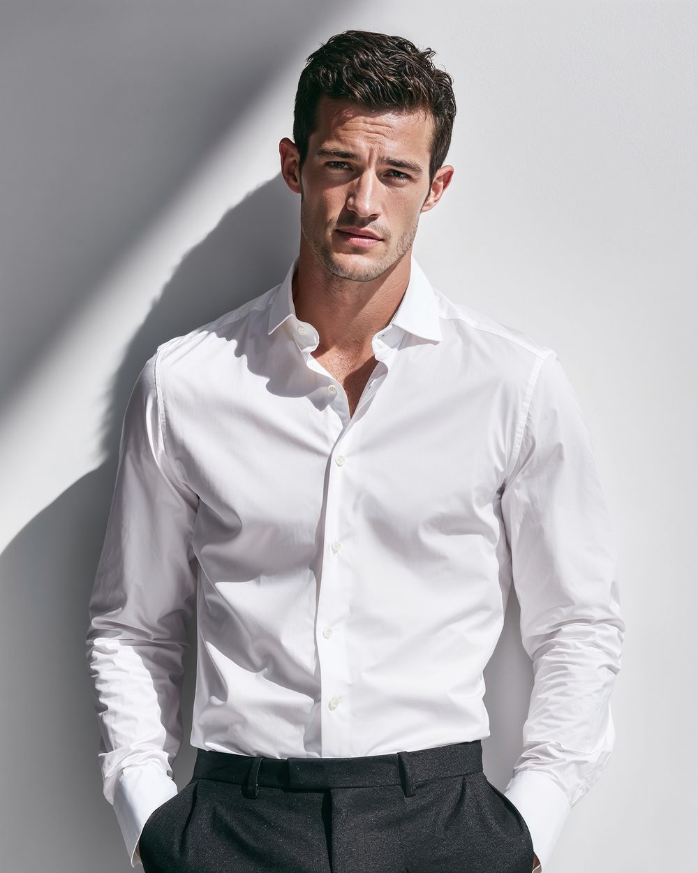 White Dress Shirt with Dark Gray Tailored Trousers