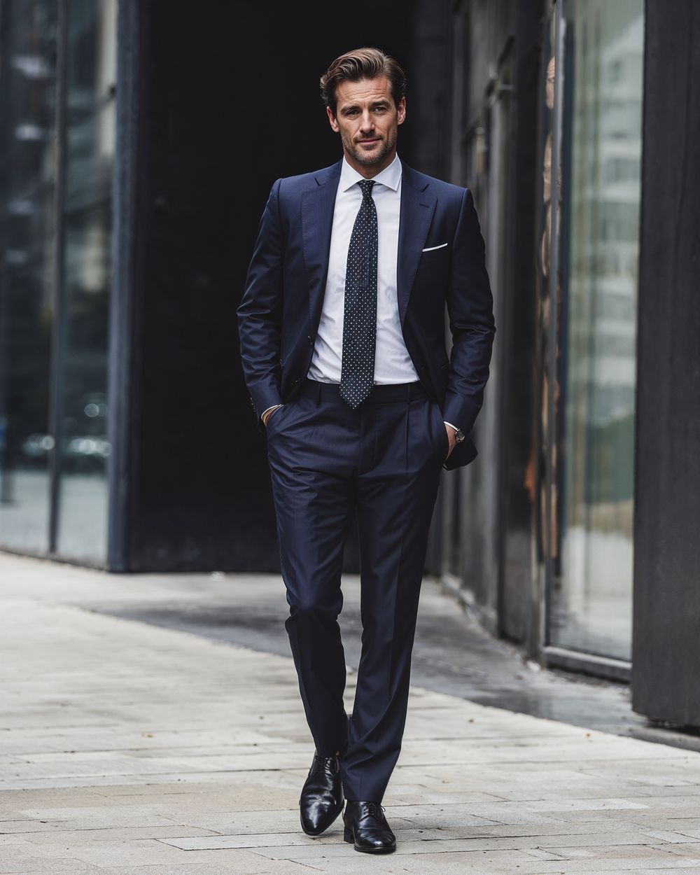 Navy Suit with Polka Dot Black Tie