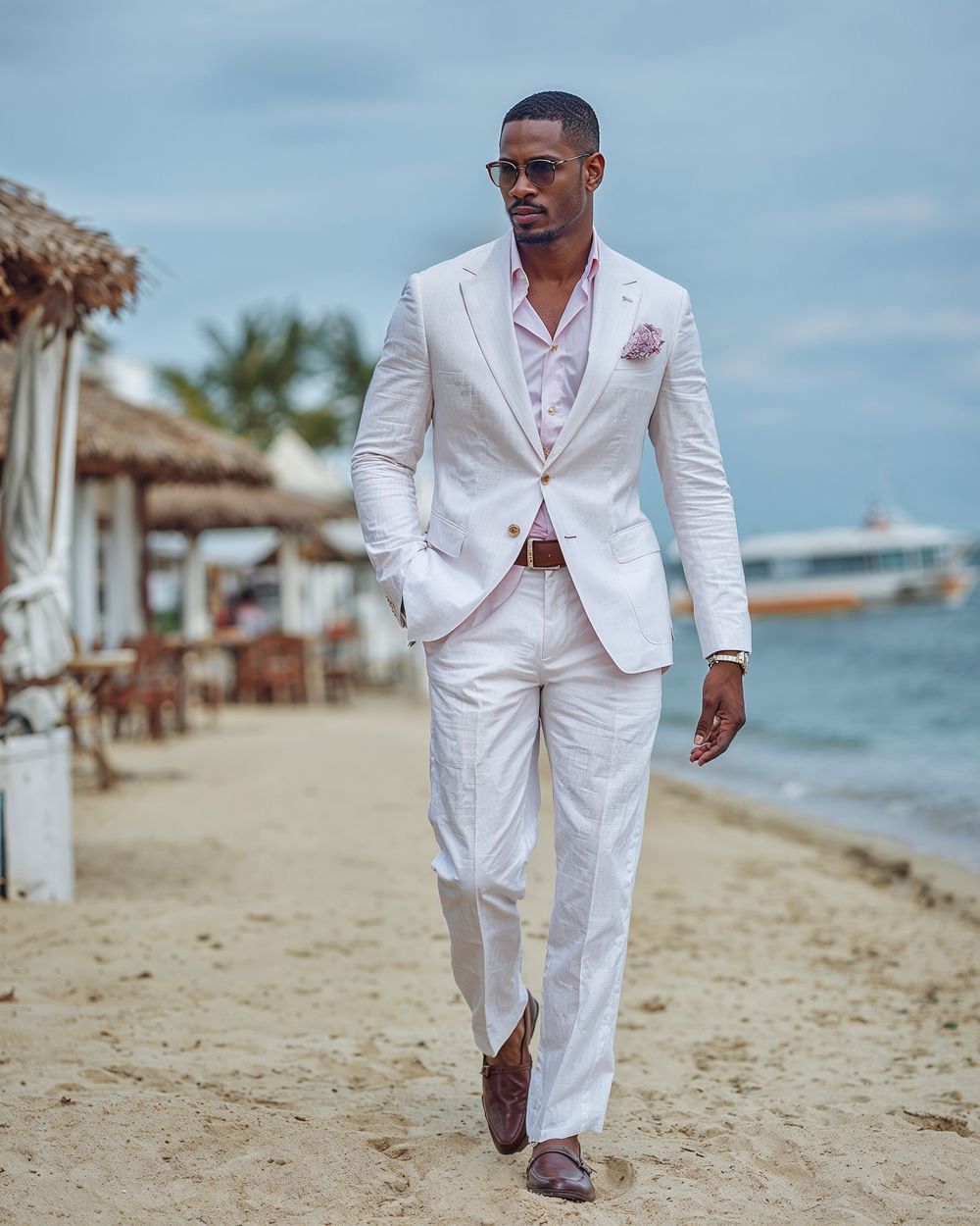 White Suit with Pale Pink Shirt