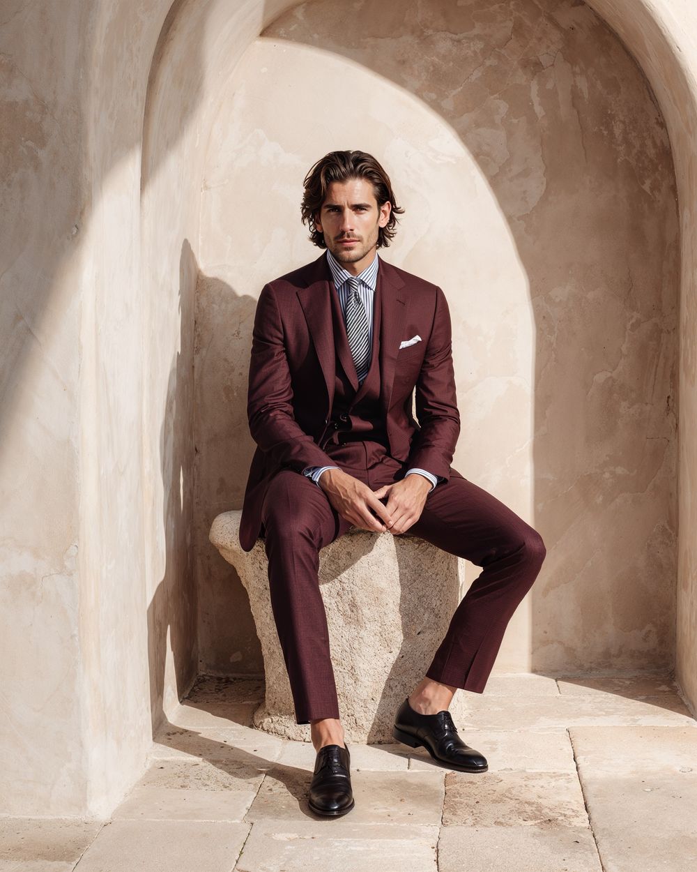 Burgundy Suit with Blue Striped Shirt