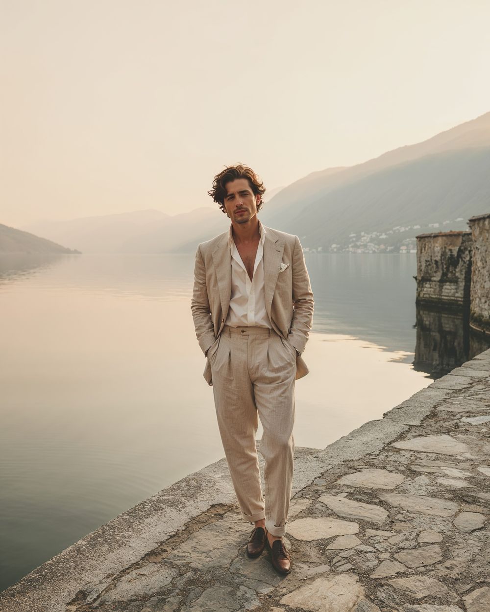 Beige Linen Suit with White Open-Collar Shirt