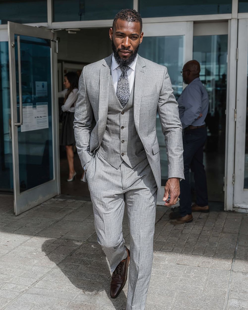 Light Gray Three-Piece Suit with Patterned Tie
