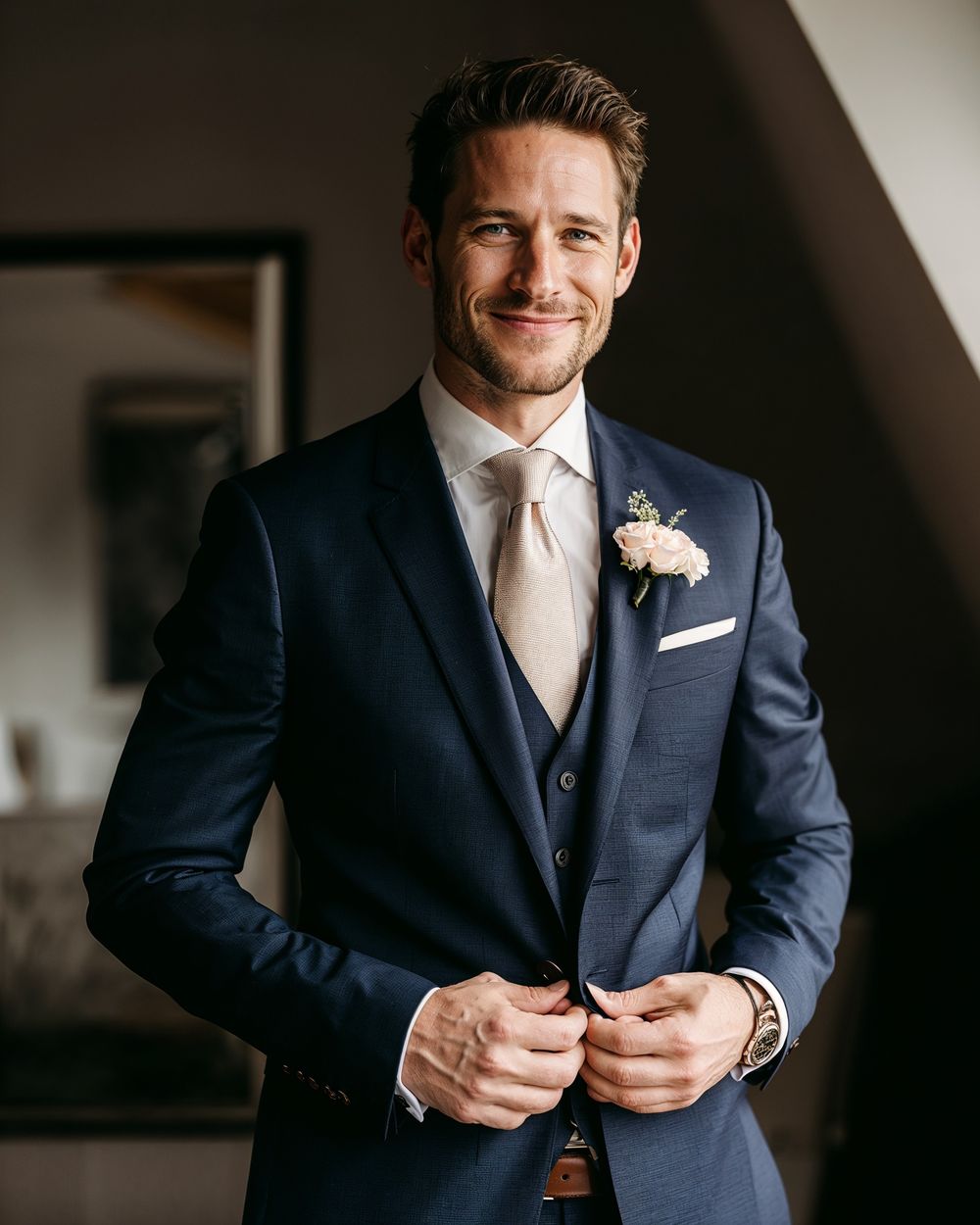 Navy Three-Piece Suit with Champagne Tie
