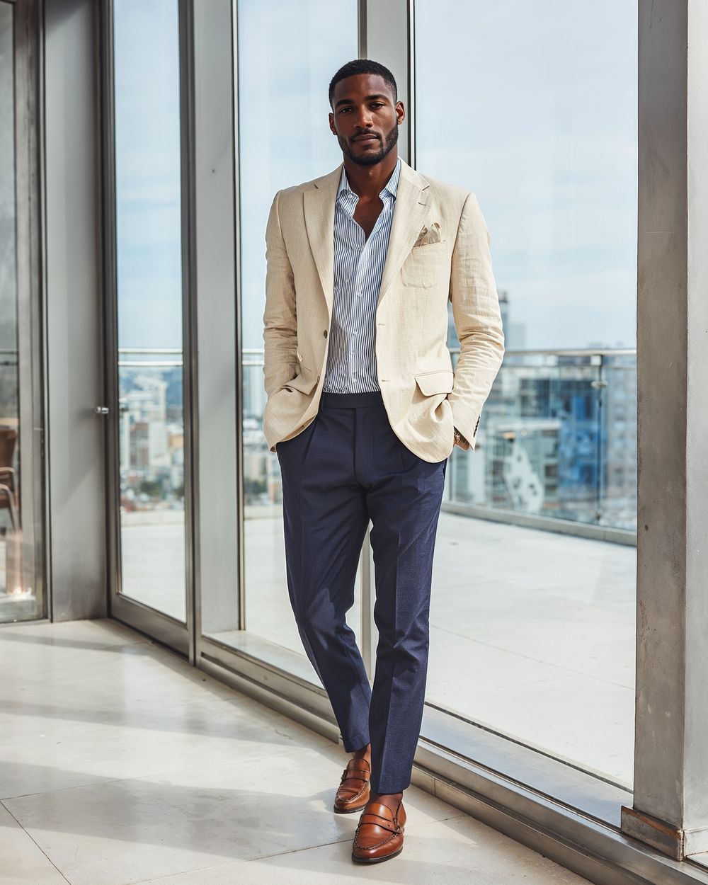 Beige Linen Jacket with Blue Trousers and Striped Shirt