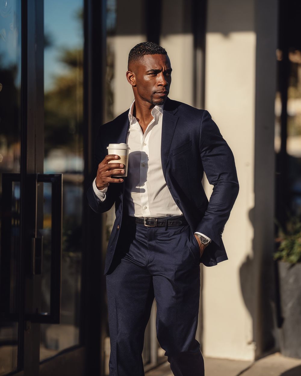 Navy Suit with White Open-Collar Shirt