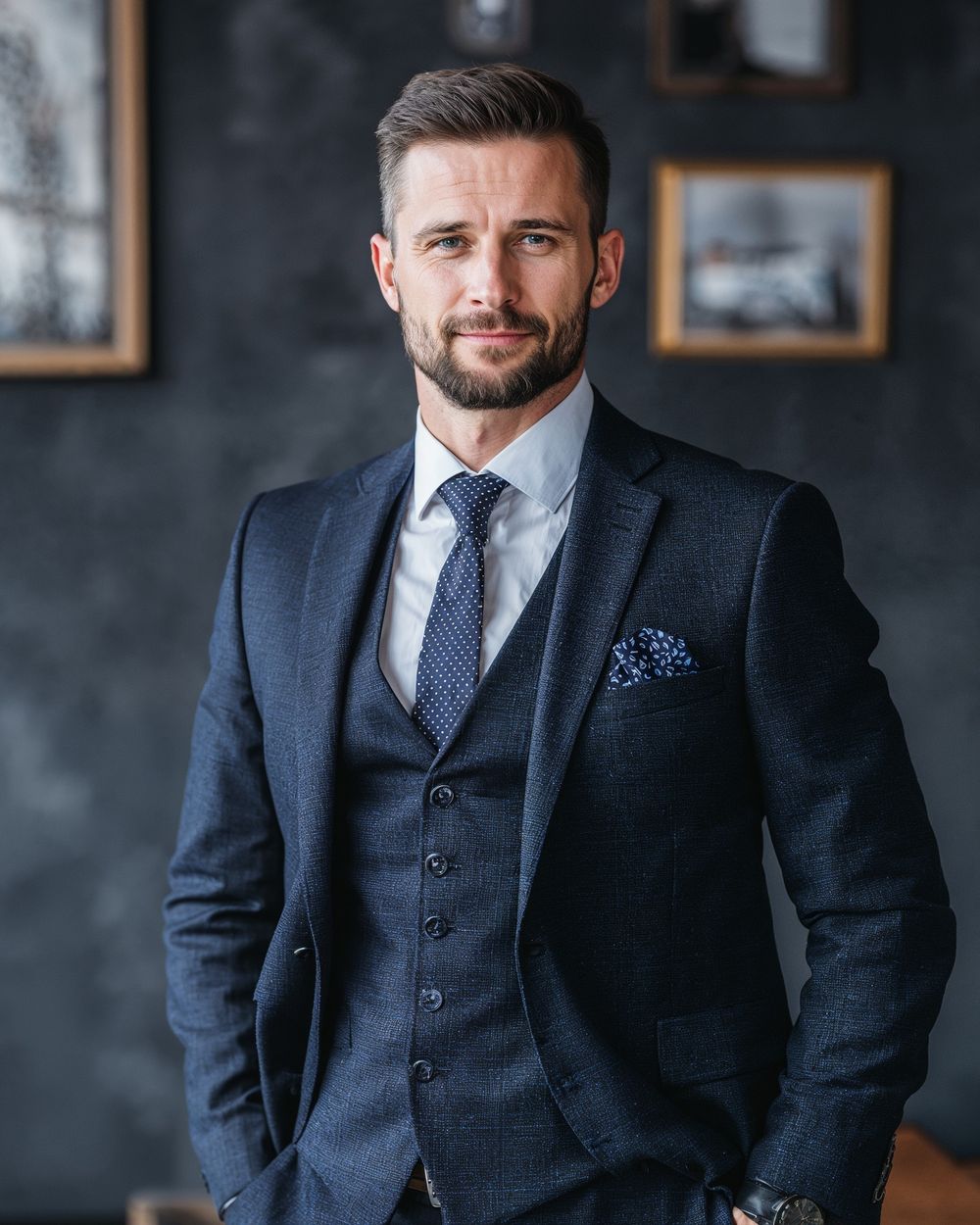 Navy Three-Piece Suit with Polka Dot Tie