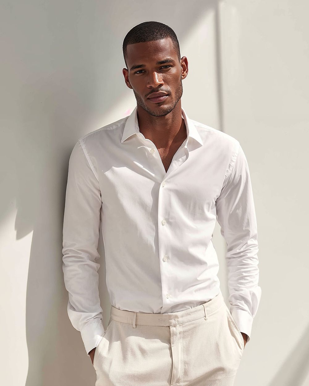 White Shirt with Beige Trousers