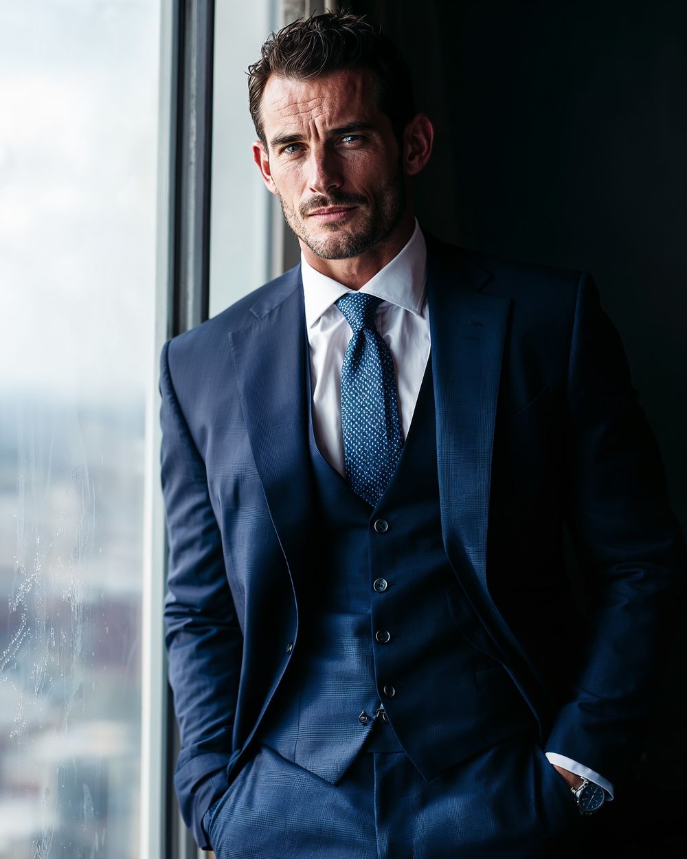 Navy Three-Piece Suit with Blue Patterned Tie