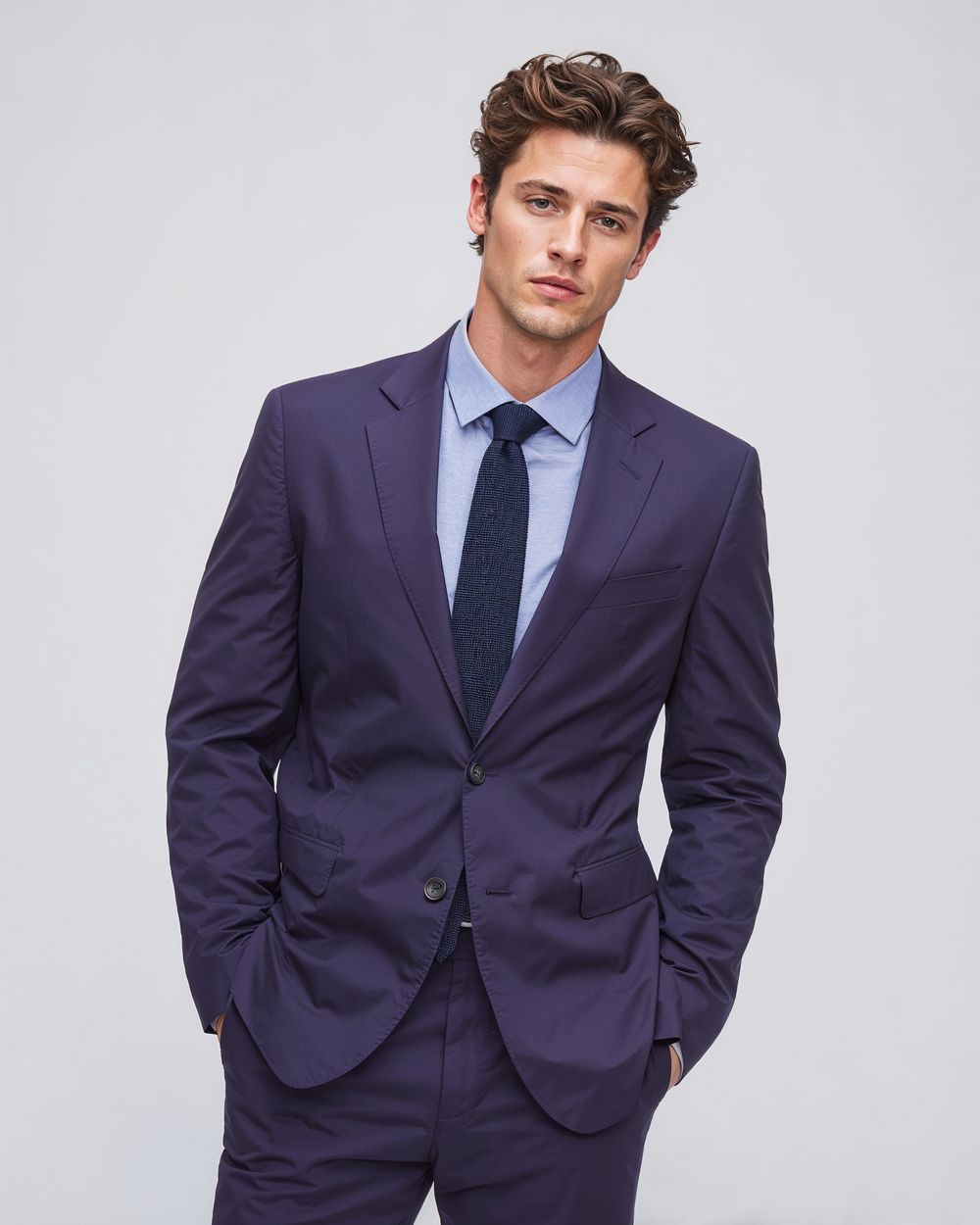 Deep Plum Suit with Light Blue Shirt