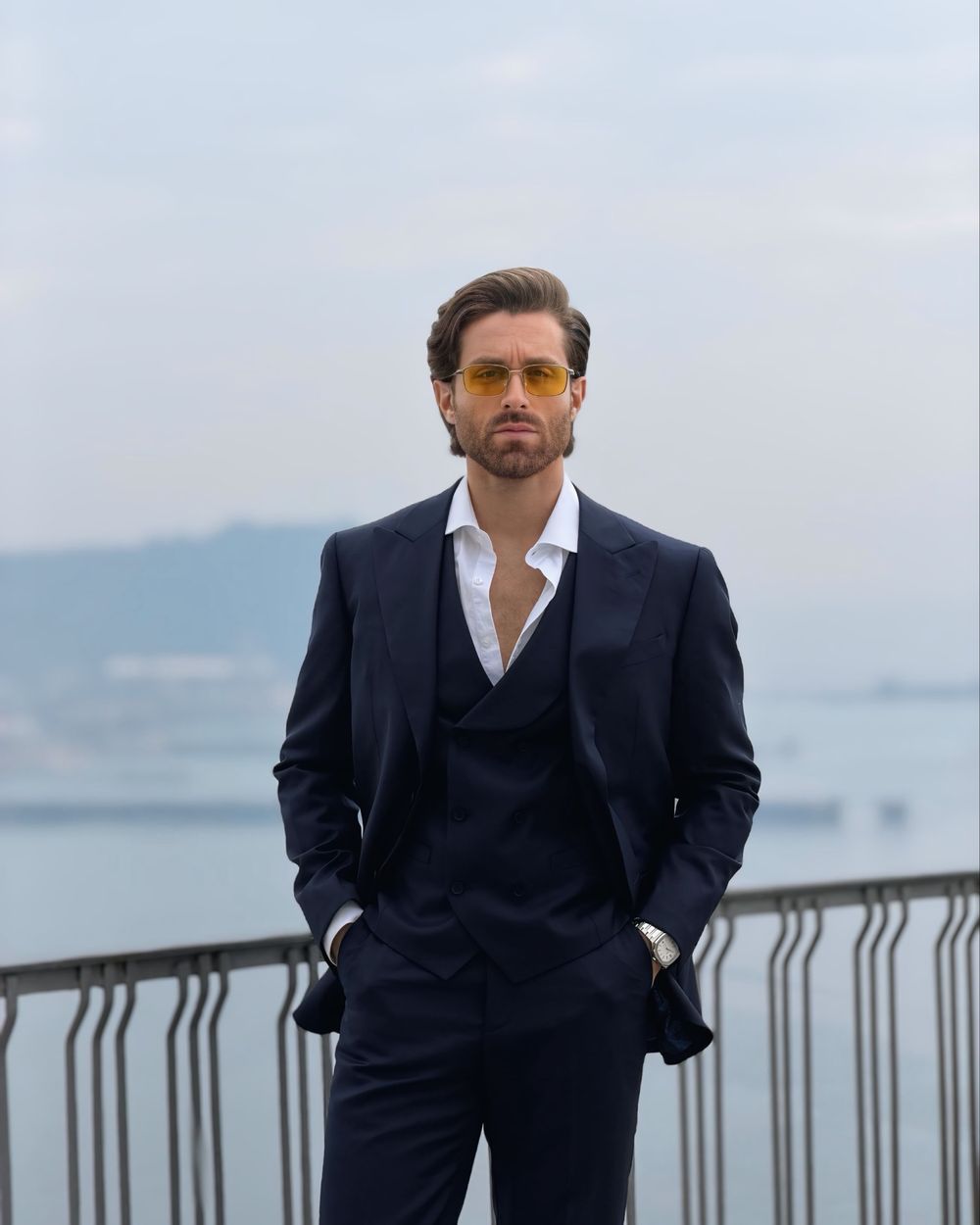 Navy Three-Piece Suit Mediterranean Look