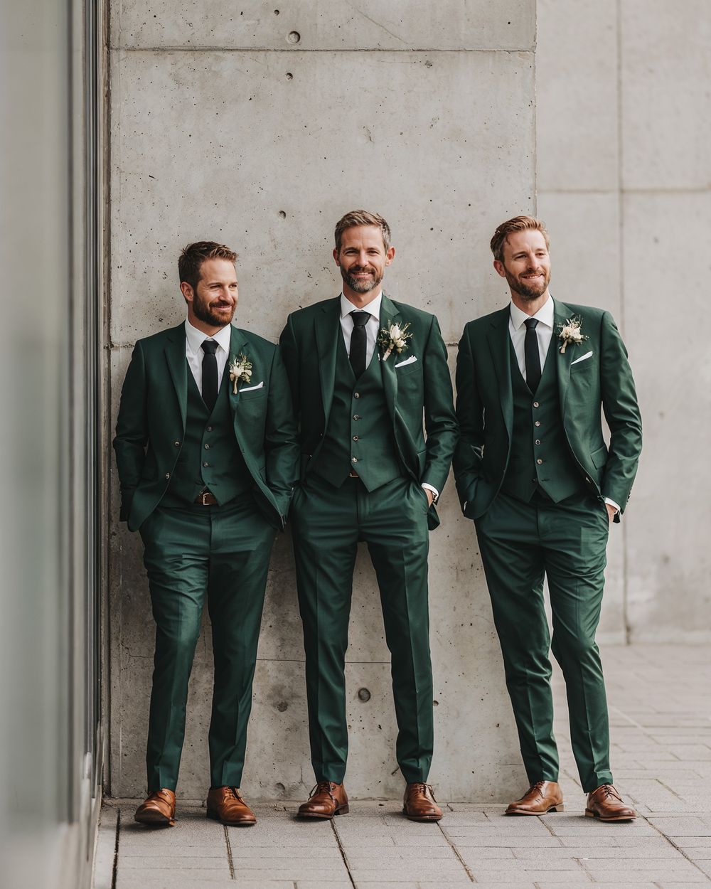 Groomsmen Green Three-Piece Suit with Black Tie