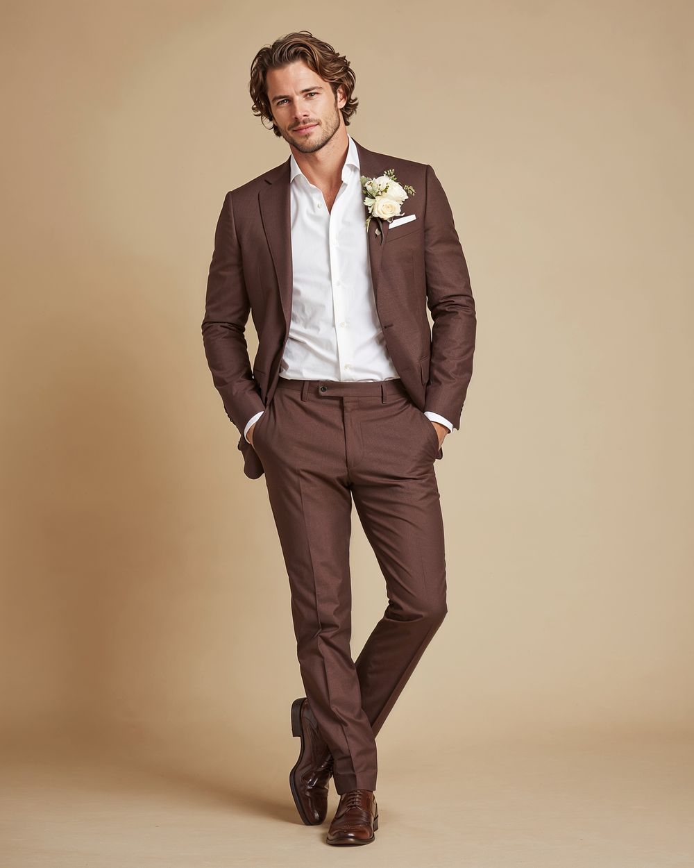 Brown Suit with White Open-Collar Shirt