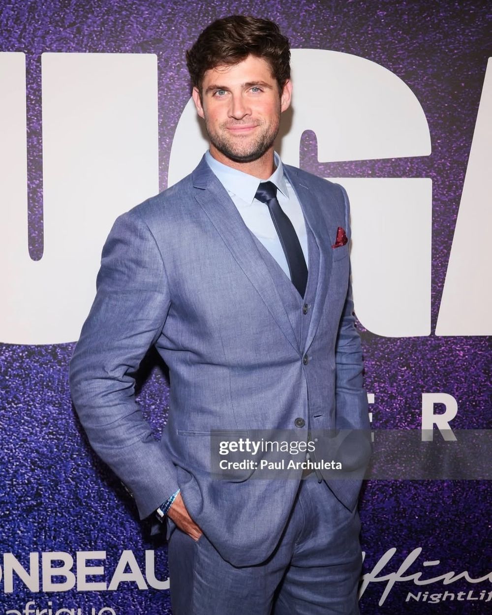 Light Blue Suit with Waistcoat and Navy Tie