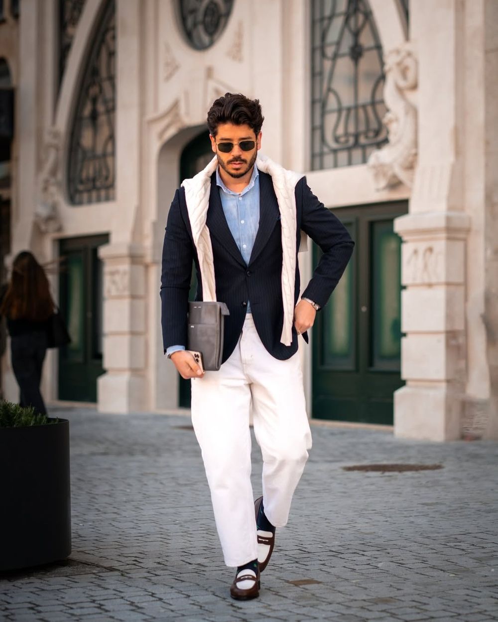 Navy Jacket with Light Blue Shirt and White Trousers