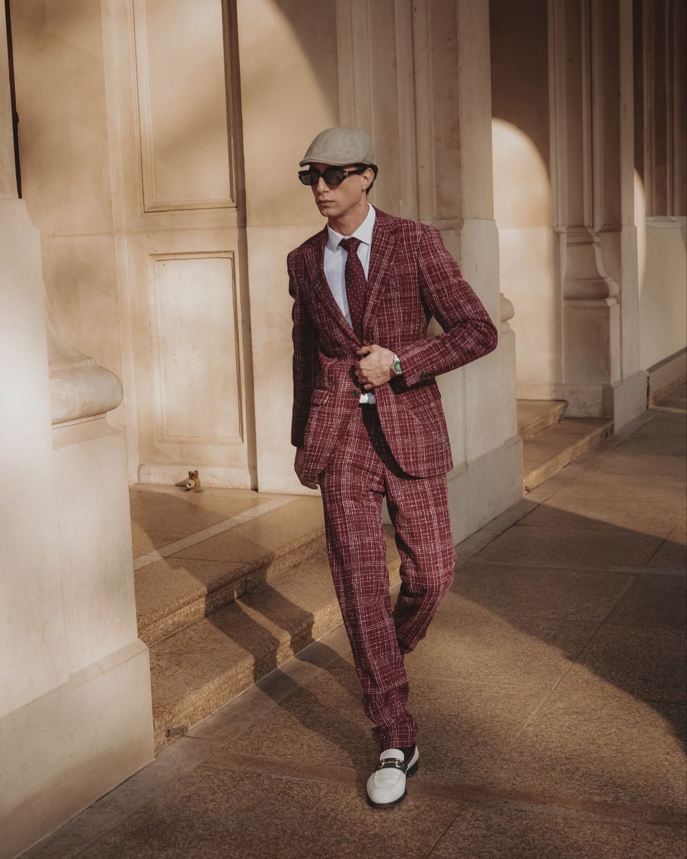 Burgundy Checked Suit with Burgundy Tie