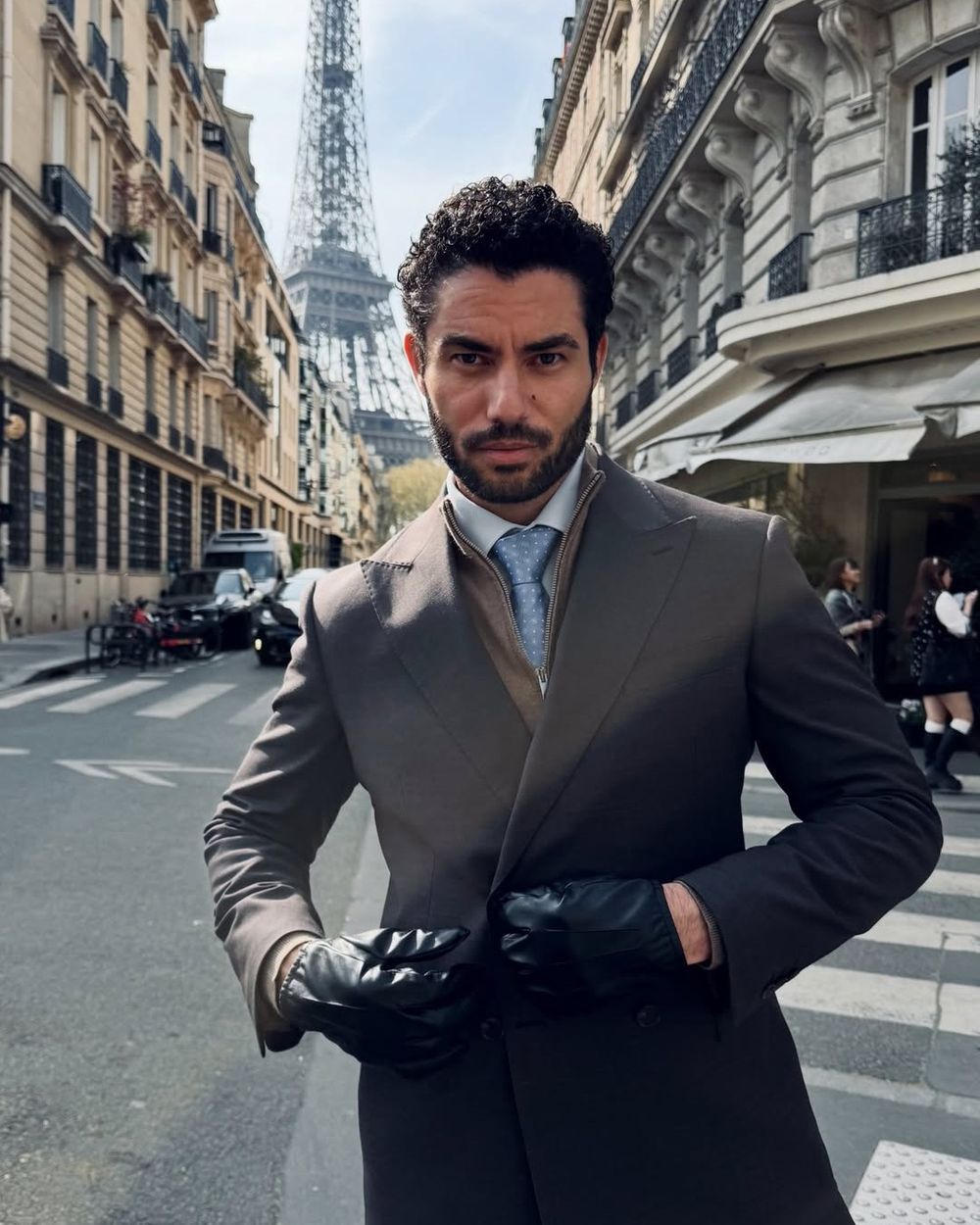 Brown Double-Breasted Suit with Blue Tie