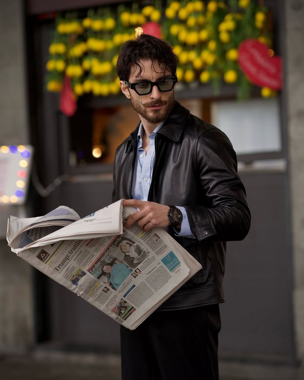 Black Leather Jacket with Light Blue Shirt and Black Trousers