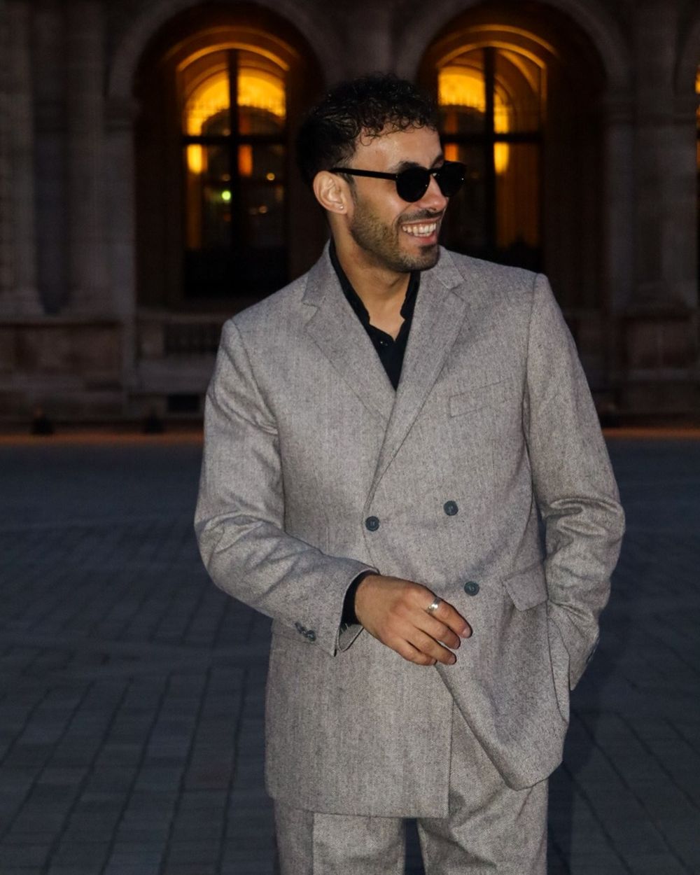 Light Grey Double-Breasted Suit with Black Shirt